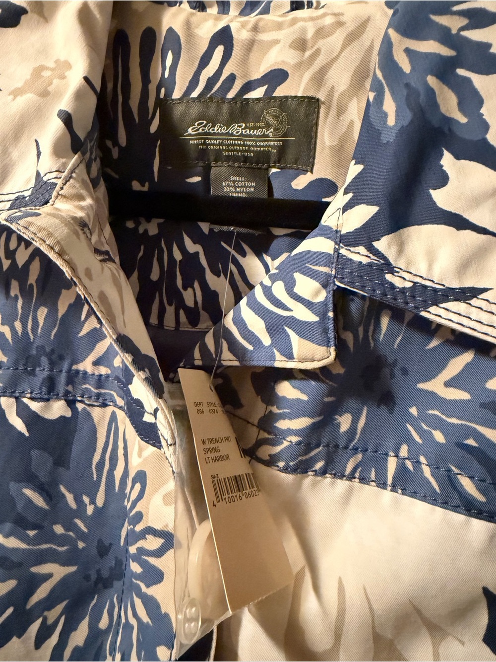 Eddie Bauer Blue & Cream Floral Trench Coat - Picture 2 of 5